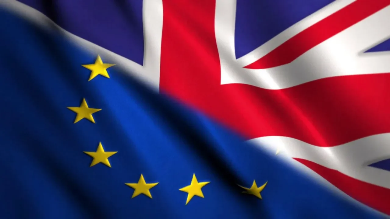 Union Jack and European Union flags representing the historical relationship between Britain and Europe